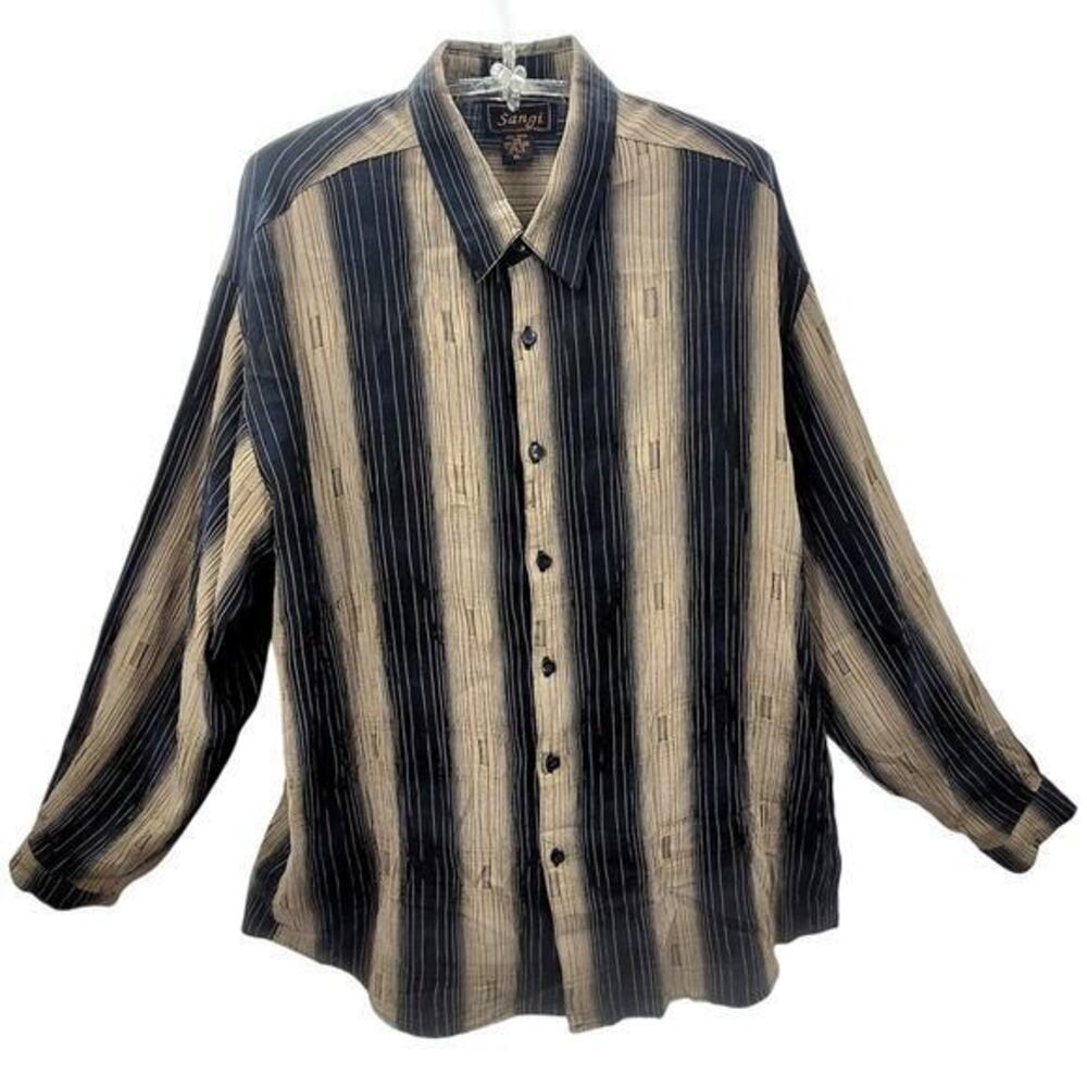 Sangi Black Tan‎ Rayon Striped Long Sleeve Button Up Men's Shirt